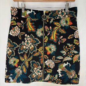INC International Concepts Black Floral Mini Skirt with  Gold Zipper detail